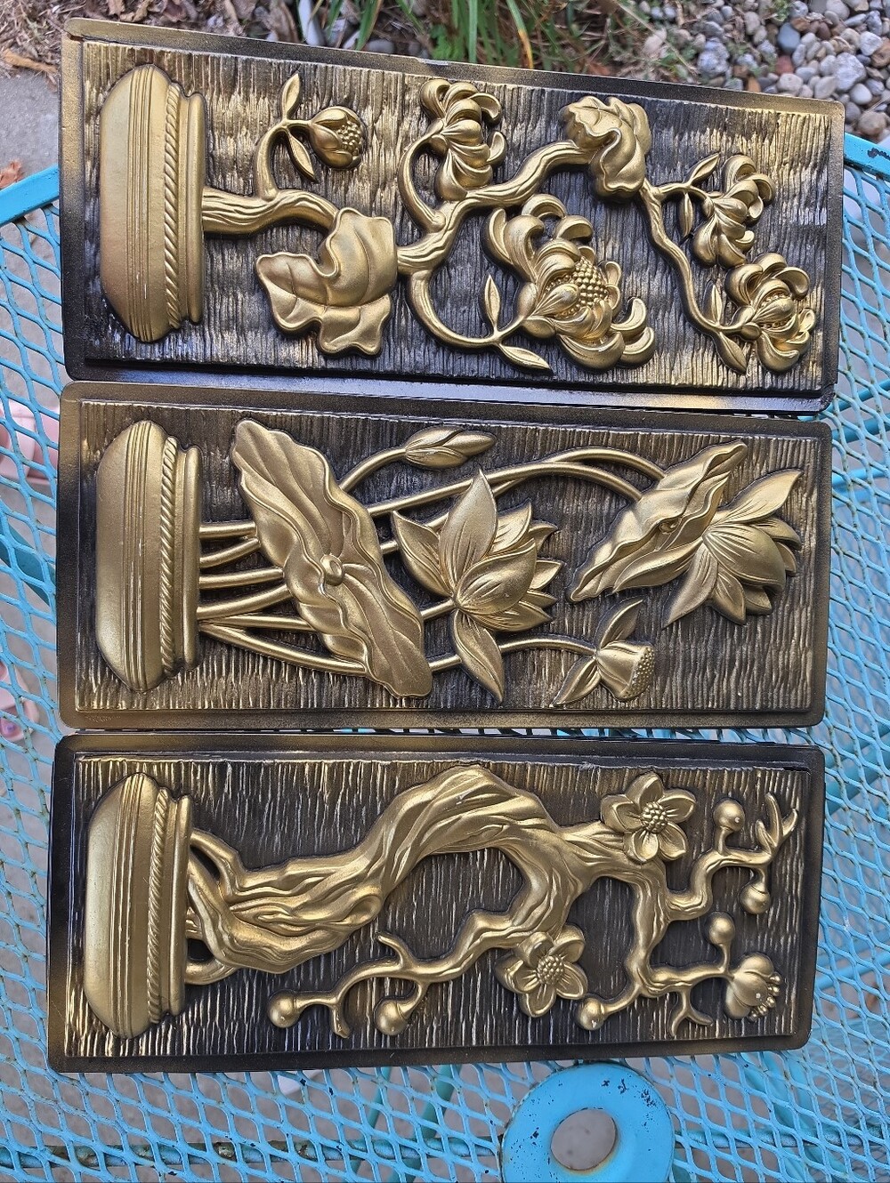 VTG MCM 1967 Miller Studios Black/Gold  Floral 3D Wall Plaques Formed Plastic